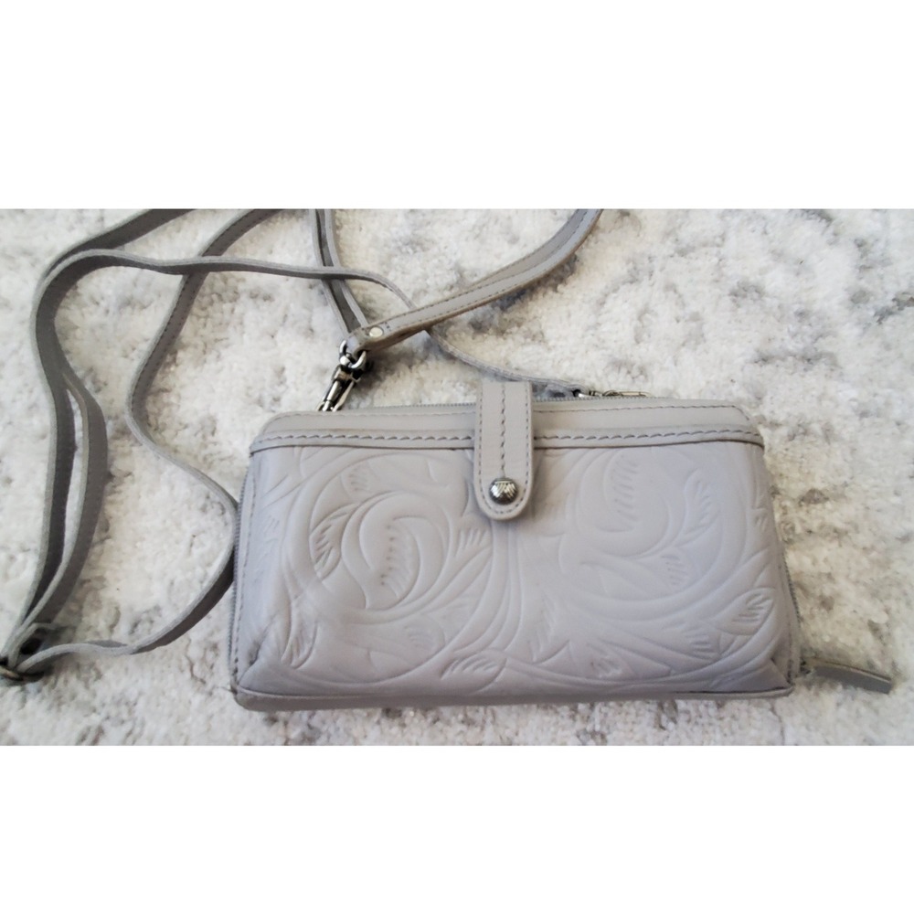 The Sak Iris Crossbody Wallet Bag Gray Embossed Floral Leather